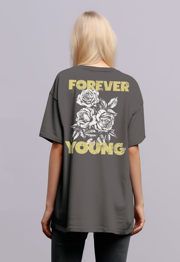 LTF55 Kaos Oversize Wanita Dark Grey Washed Washing Efek kaos band grunge distressed "Forever Young" abu tua