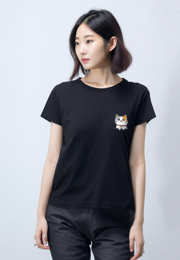 LTF57 Kaos Couple Wanita Tangan Pendek Gambar Kucing "Pocket Cats" Instacool Hitam