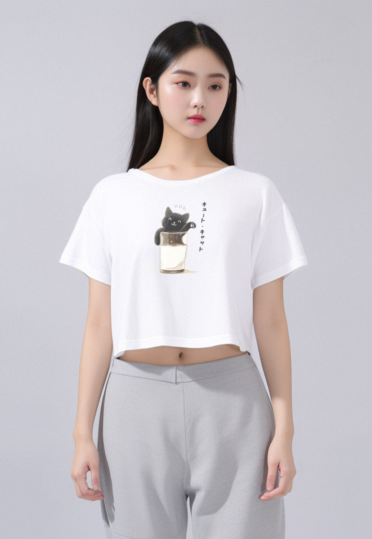 LTF63 kaos crop top oversize wanita instacool OLC "milk cat" putih