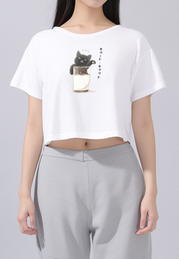 LTF63 kaos crop top oversize wanita instacool OLC "milk cat" putih