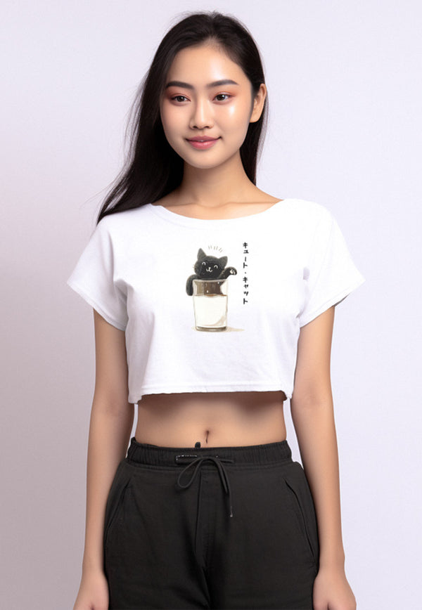 LTF64 crop tee t shirt wanita instacool RCP "milk cat" putih