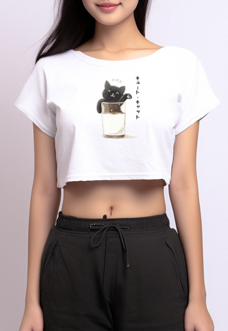 LTF64 crop tee t shirt wanita instacool RCP "milk cat" putih