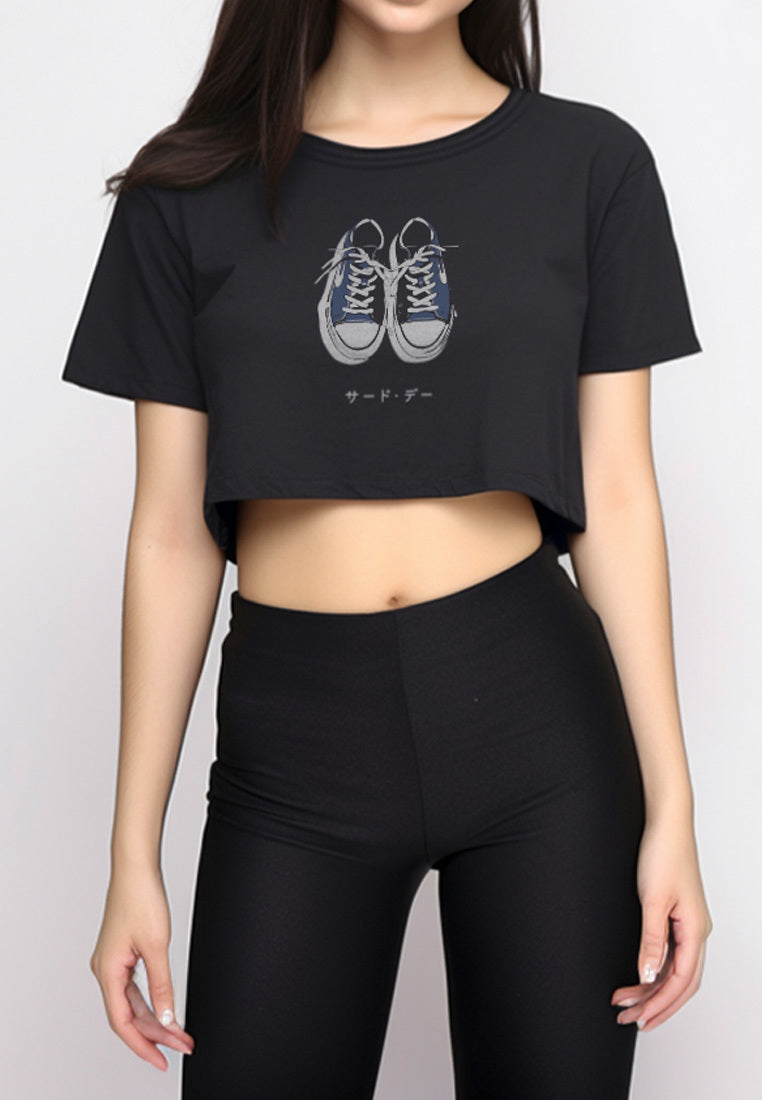 LTF67 kaos crop oversize wanita OLC gambar sepatu instacool ss "sneakers katakana" hitam