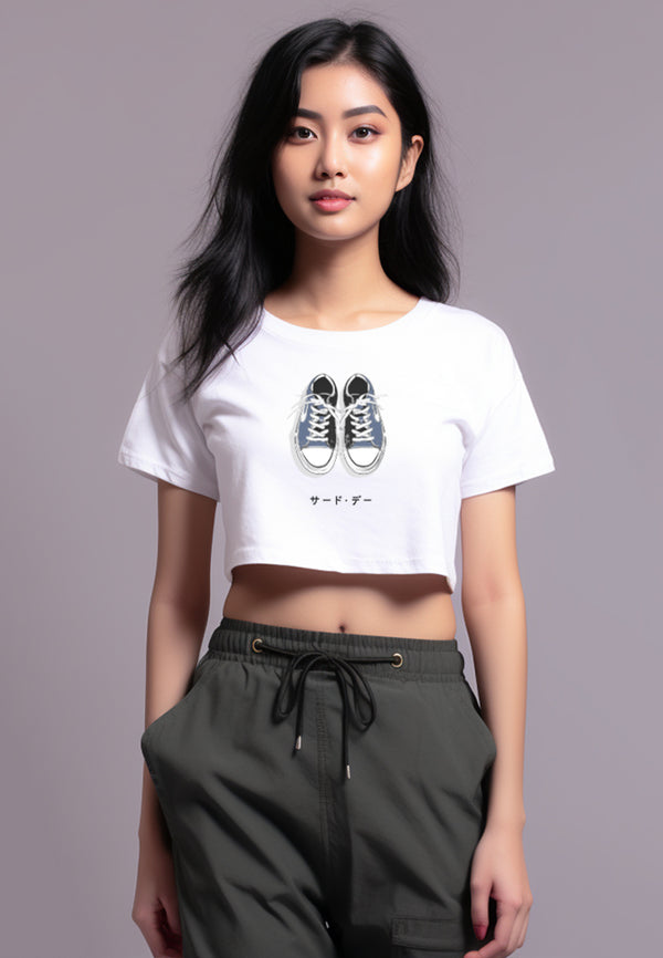 LTF68 kaos crop tee wanita RCP gambar sepatu instacool ss "sneakers katakana" putih