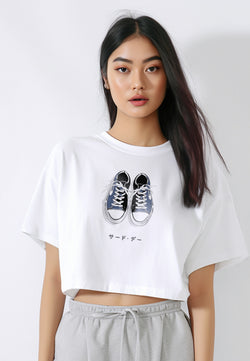 LTF69 kaos crop tee oversize wanita OLC gambar sepatu instacool ss "sneakers katakana" putih