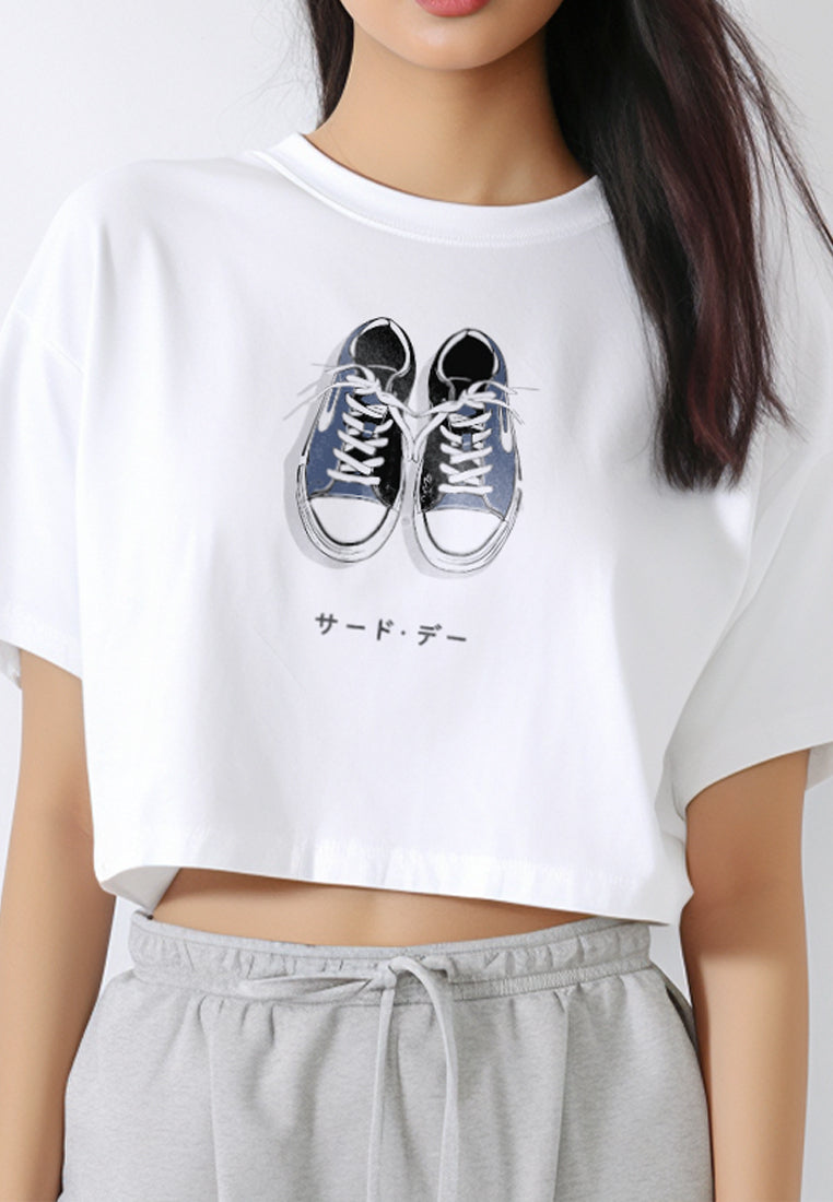 LTF69 kaos crop tee oversize wanita OLC gambar sepatu instacool ss "sneakers katakana" putih