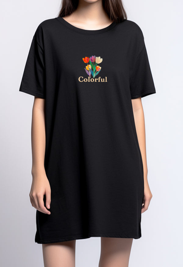 LTF73 Kaos Dress Ld Wanita Gambar Bunga "colorful tulip" hitam