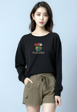 LTF74 Kaos Wanita Gambar Bunga Lengan Panjang "colorful tulip" hitam