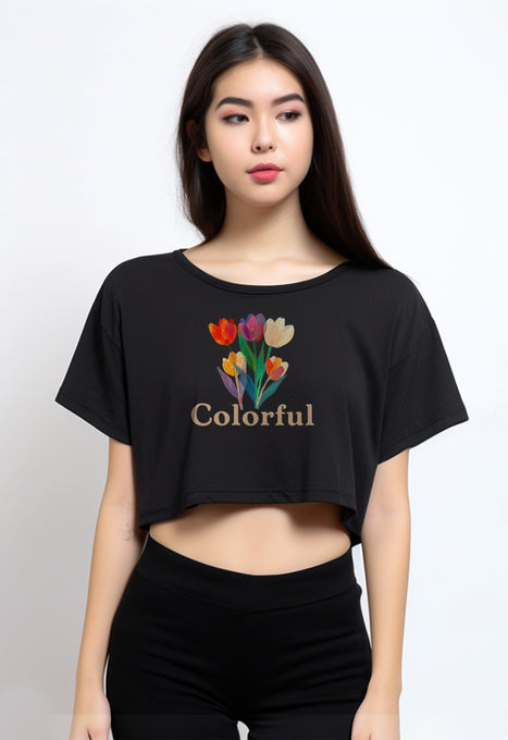 LTF75 Kaos Wanita Gambar Bunga Crop Oversize Hitam 