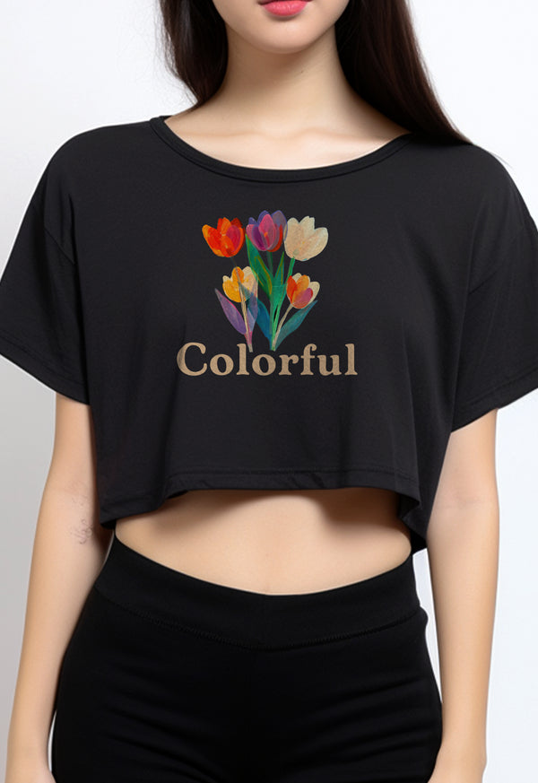 LTF75 Kaos Wanita Gambar Bunga Crop Oversize Hitam "colorful tulip" hitam