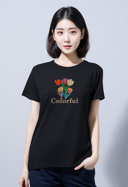 LTF76 Kaos Wanita Gambar Bunga Slim Fit "colorful tulip" hitam