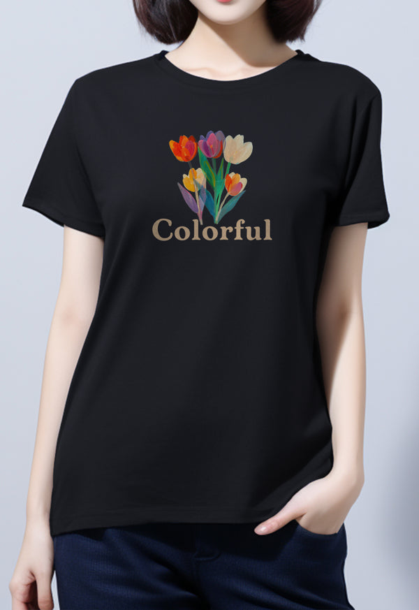 LTF76 Kaos Wanita Gambar Bunga Slim Fit "colorful tulip" hitam