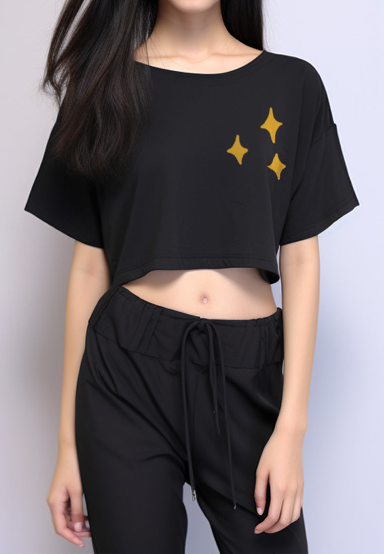 LTF79 Kaos Crop Top Oversize Wanita Instacool "yellow sparkle" hitam