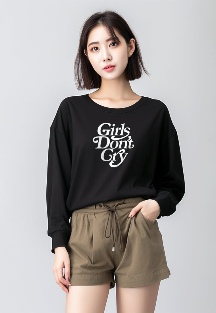 LTF80 Kaos Wanita Lengan Panjang Oversize LV Instacool "Girls Don't Cry" hitam