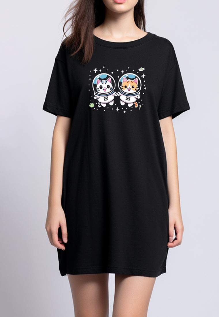 LTF82 Kaos Dress Wanita LD instacool "astronot kucing dan anjing" hitam