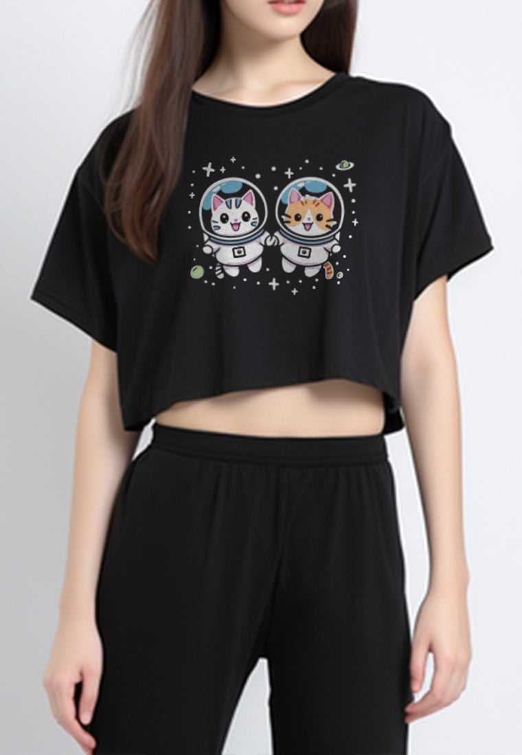 LTF83 Kaos Crop Top Oversize Wanita OLC "astronot kucing anjing" hitam