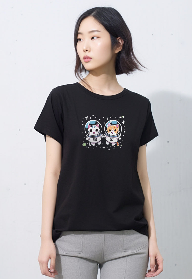 LTF86 Kaos Wanita Lengan Pendek Slim Fit Instacool "astronot kucing dan anjing" hitam