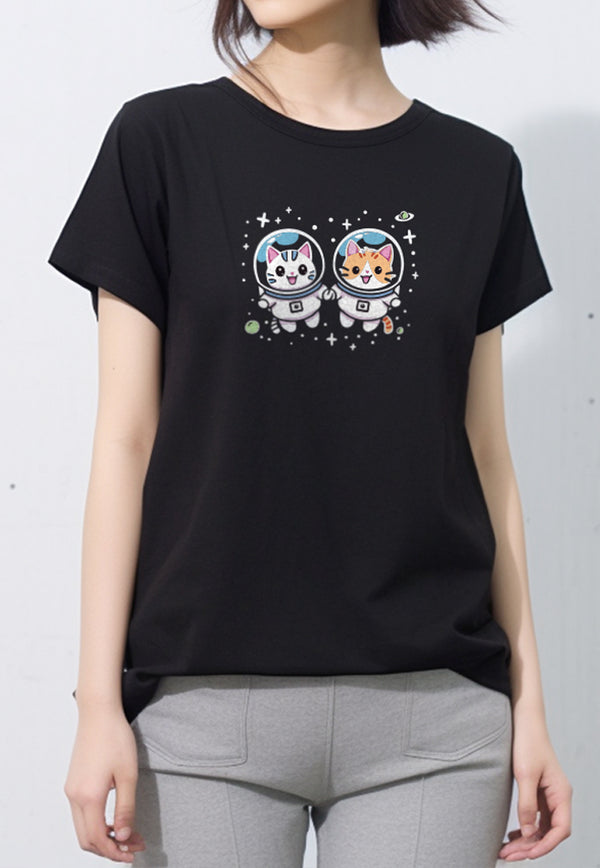 LTF86 Kaos Wanita Lengan Pendek Slim Fit Instacool "astronot kucing dan anjing" hitam