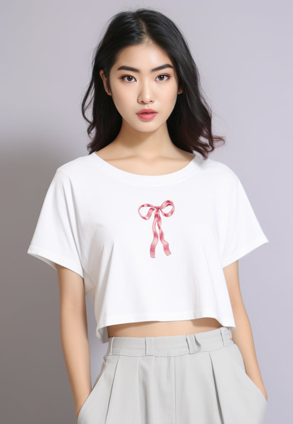 LTF97 Kaos Wanita Gambar Coquette Bow Pita Ribbon OLC Crop putih