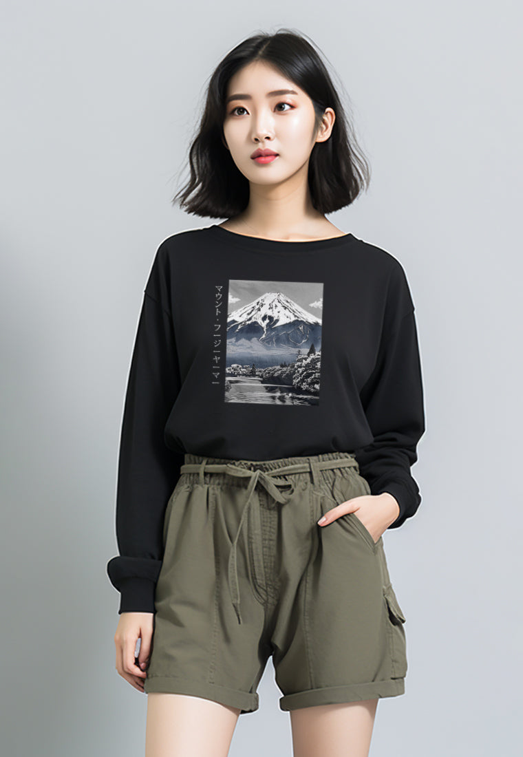 LTF99 Kaos Wanita Gambar Gunung Lengan Panjang Adem "mount fuji" hitam