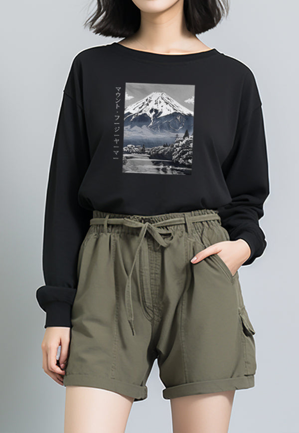 LTF99 Kaos Wanita Gambar Gunung Lengan Panjang Adem "mount fuji" hitam