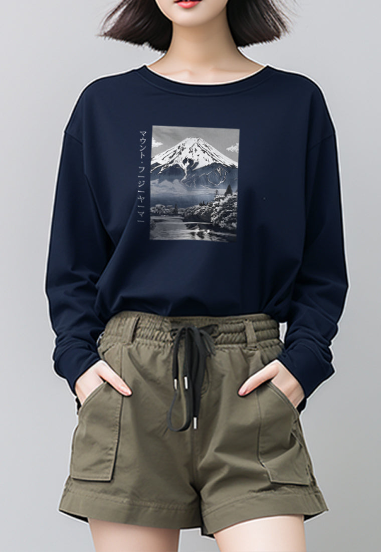 LTG01 Kaos Wanita Gambar Gunung Lengan Panjang Adem "mount fuji" navy