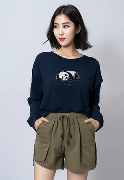 LTG02 Kaos Wanita Gambar Panda Lengan Panjang Adem LV "panda katakana" navy