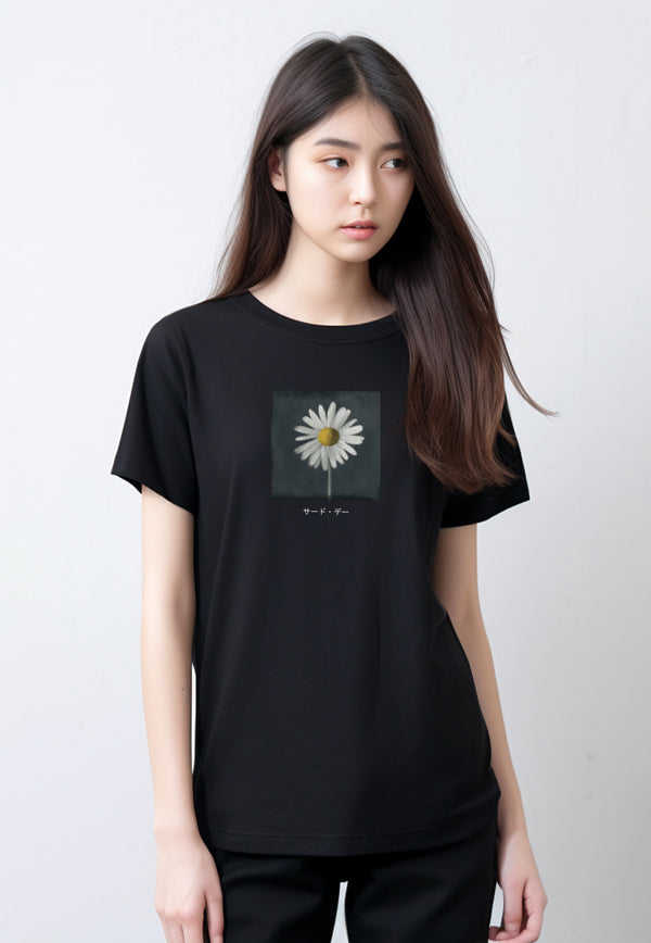 LTG06 Kaos Wanita Gambar Bunga Daisy Slim Fit Instacool "daisy katakana" hitam