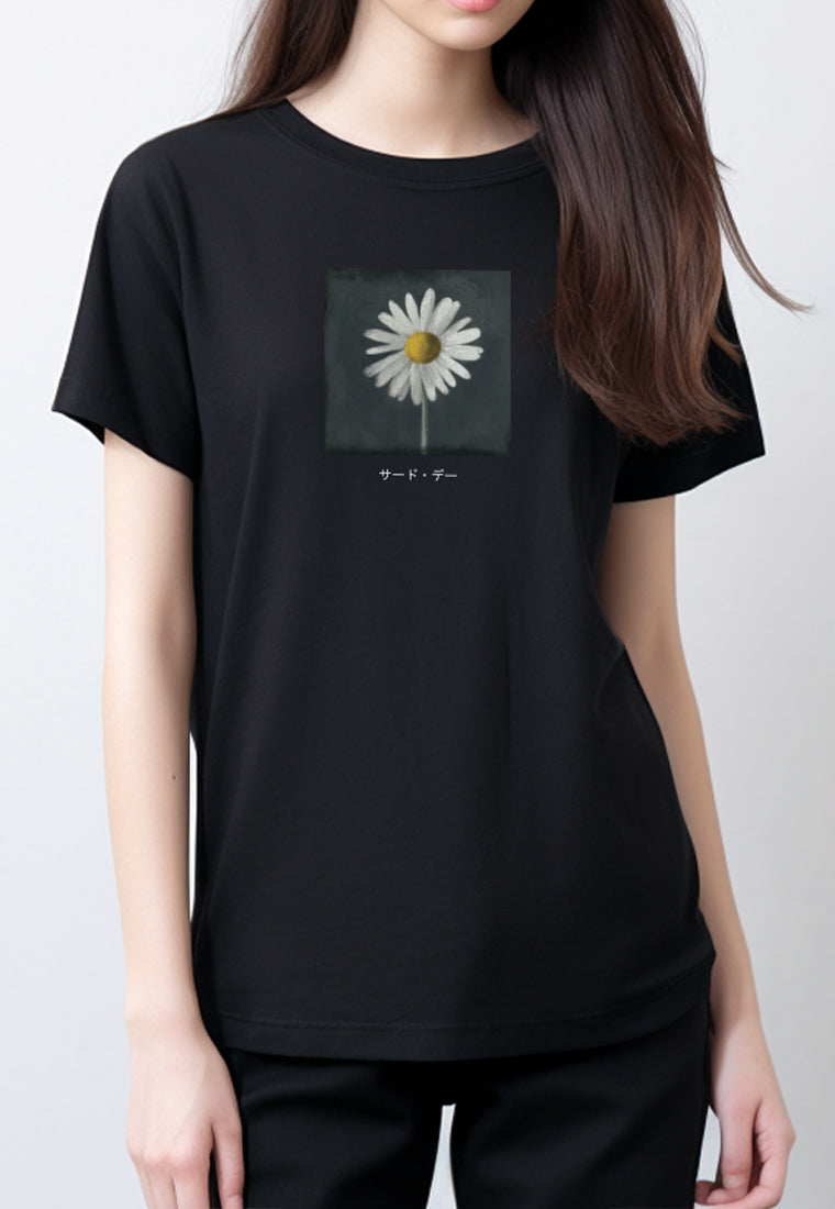 LTG06 Kaos Wanita Gambar Bunga Daisy Slim Fit Instacool "daisy katakana" hitam