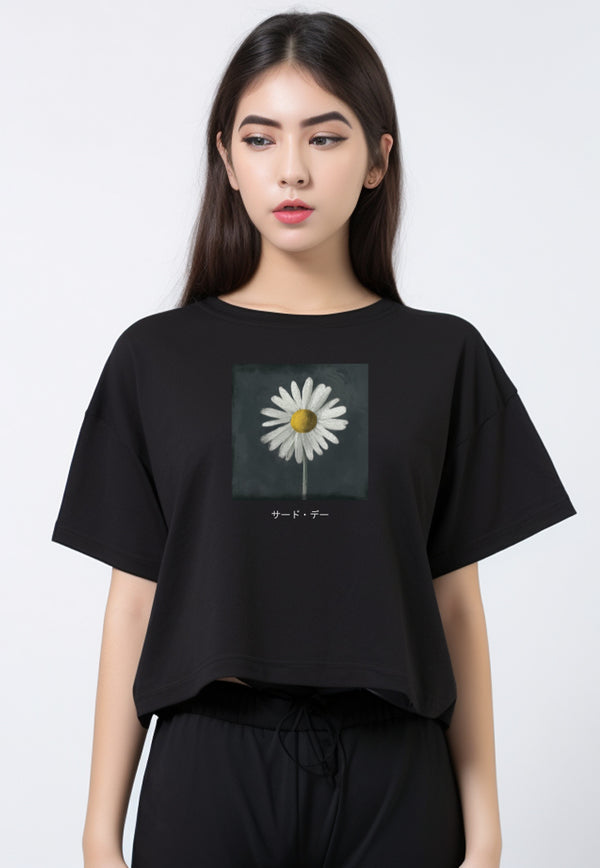 LTG07 Kaos Wanita Gambar Bunga Crop Top Oversize OLC Daisy Slim Fit Instacool "daisy katakana" hitam