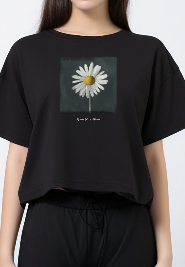 LTG07 Kaos Wanita Gambar Bunga Crop Top Oversize OLC Daisy Slim Fit Instacool "daisy katakana" hitam