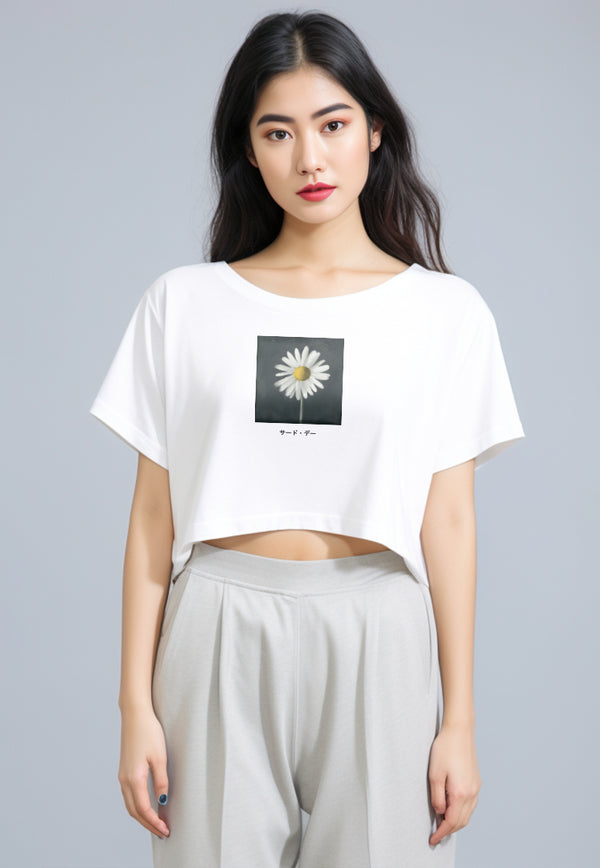 LTG08 Kaos Wanita Gambar Bunga Crop Top Oversize OLC Daisy Slim Fit Instacool "daisy katakana" putih