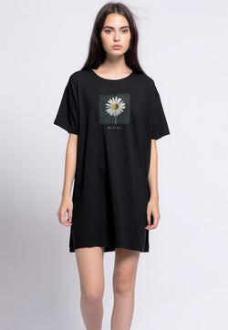 LTG09 Kaos Dress Oversize Wanita Adem instacool "daisy katakana" hitam