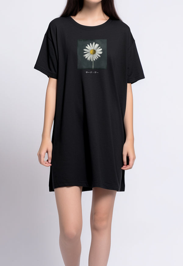 LTG09 Kaos Dress Oversize Wanita Adem instacool "daisy katakana" hitam