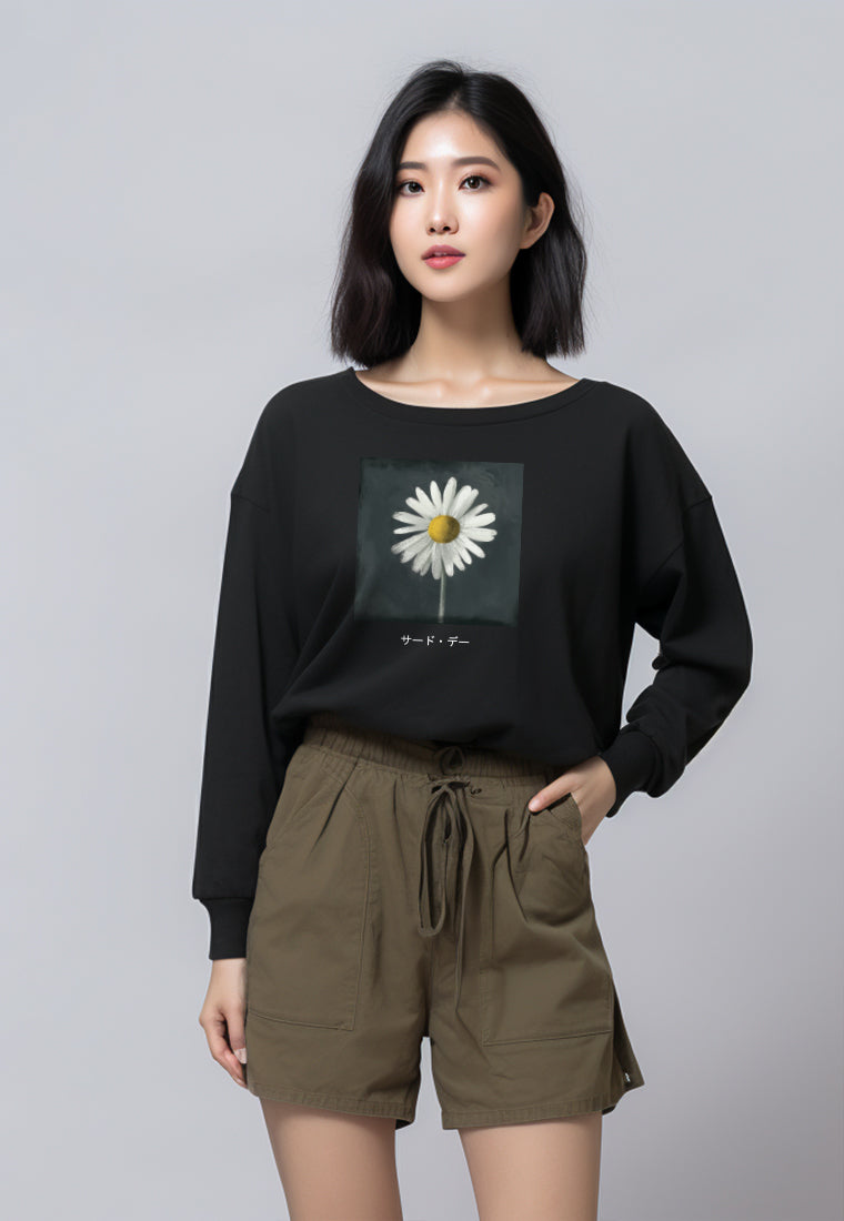 LTG10 Kaos Wanita Gambar Bunga Lengan Panjang Adem LV "daisy katakana" hitam