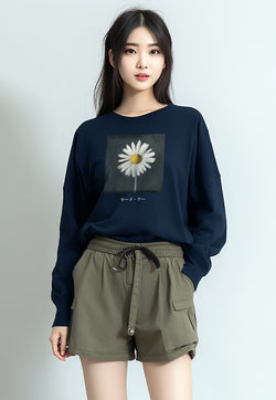 LTG11 Kaos Wanita Gambar Bunga Lengan Panjang Adem LV "daisy katakana" navy