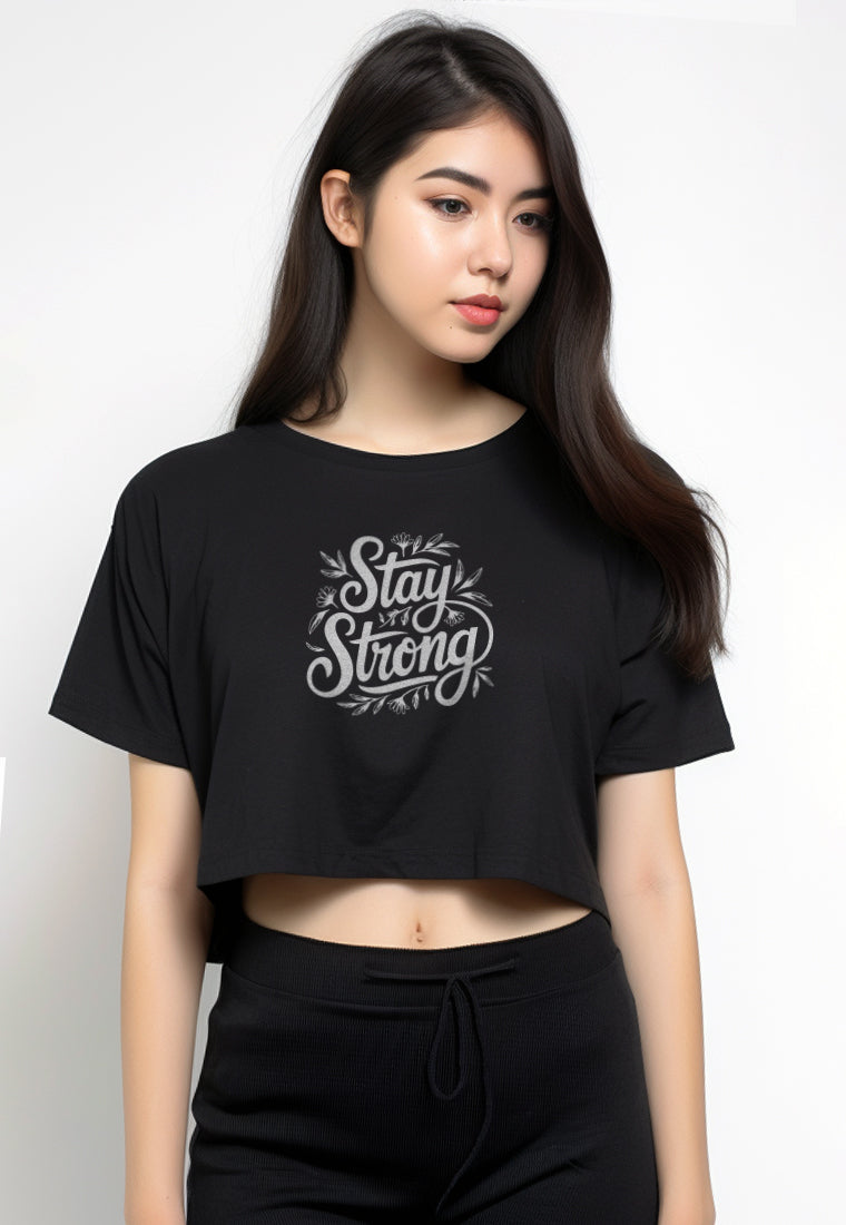 LTG13 Kaos Crop Oversize Navy Wanita OLC Instacool "stay strong" hitam