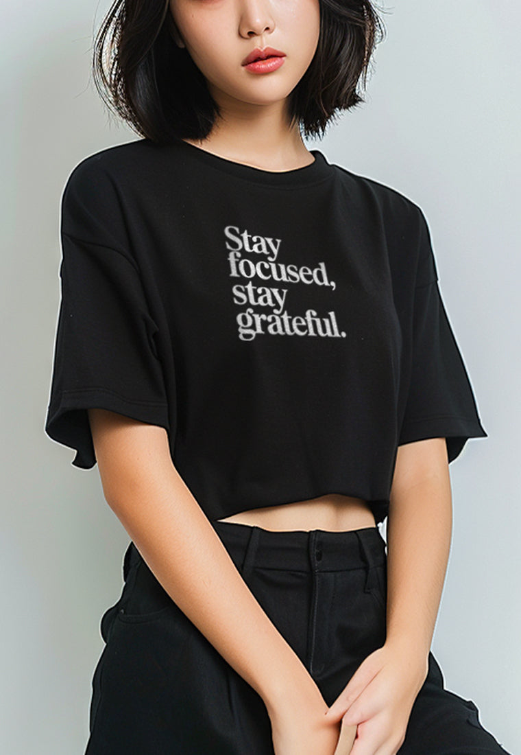 LTG15 Kaos Crop Oversize Navy Wanita OLC Instacool "stay focused" hitam