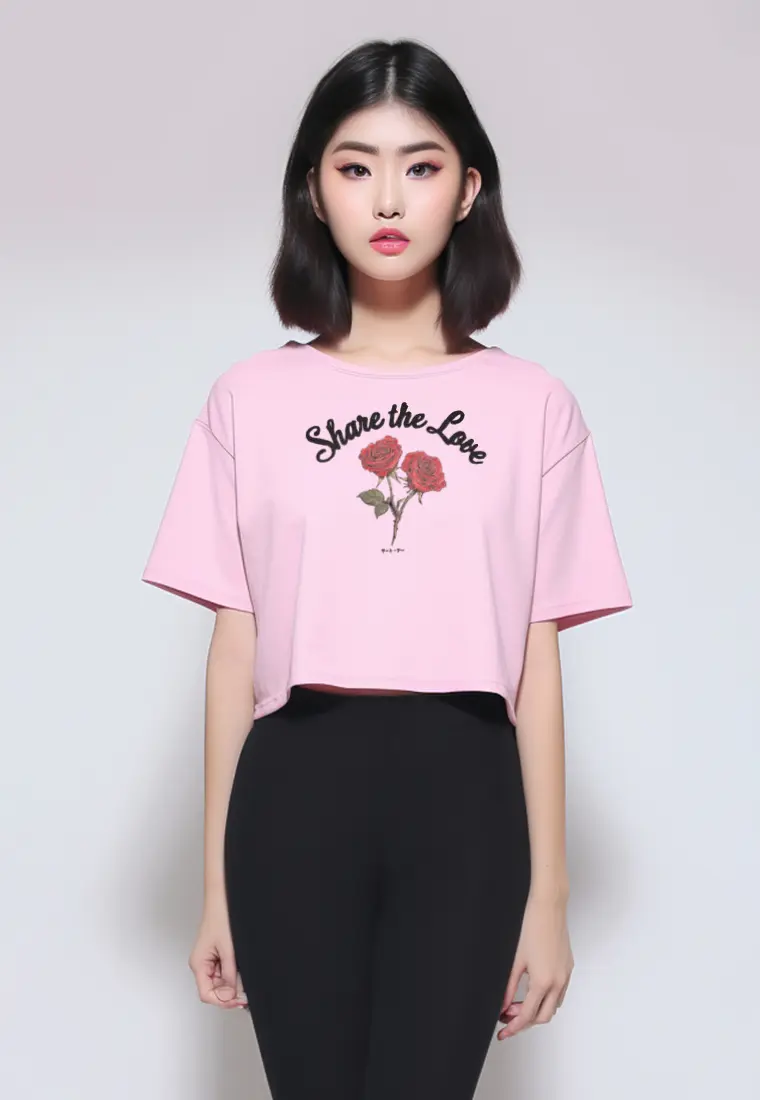 LTG37 Kaos gambar bunga mawar oversize olc "share the love" light pink