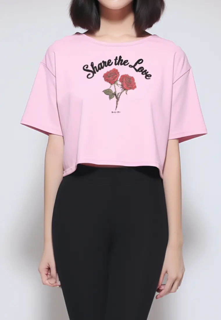 LTG37 Kaos gambar bunga mawar oversize olc "share the love" light pink