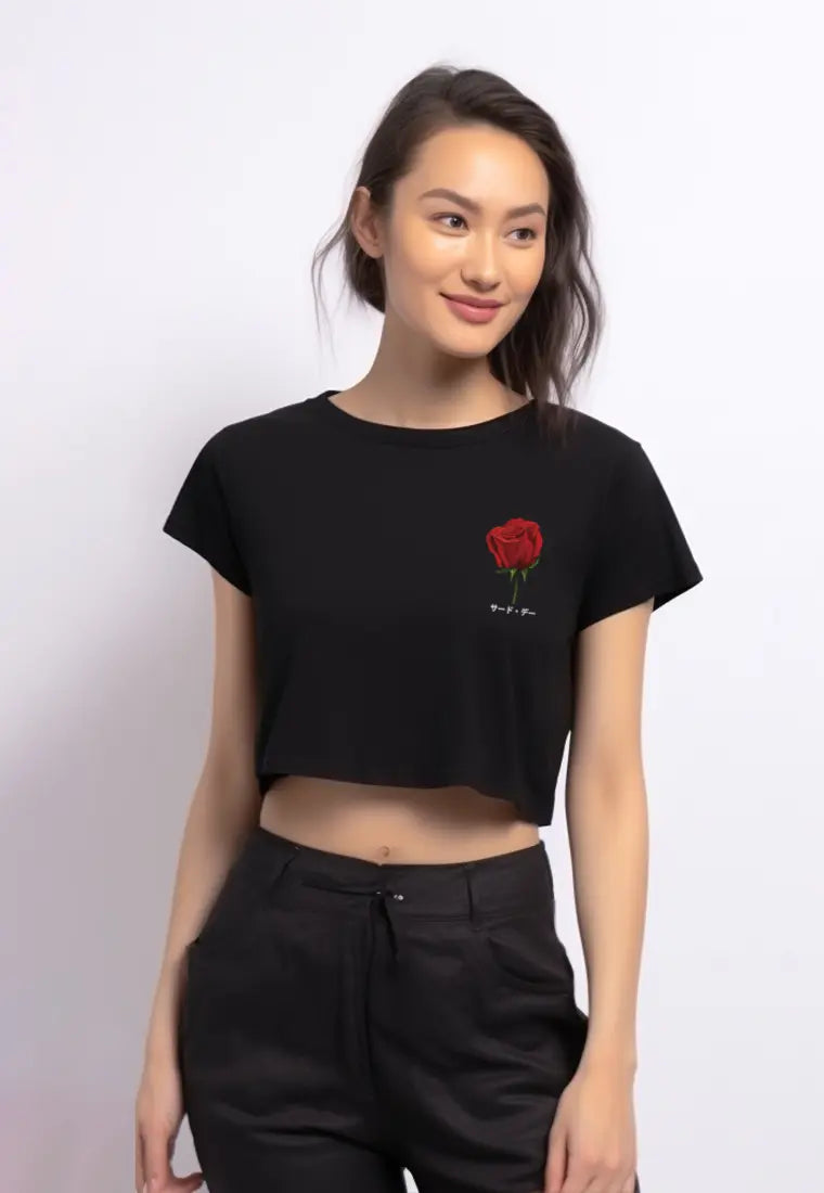 LTG40 Kaos gambar bunga mawar wanita rcp "rose" hitam