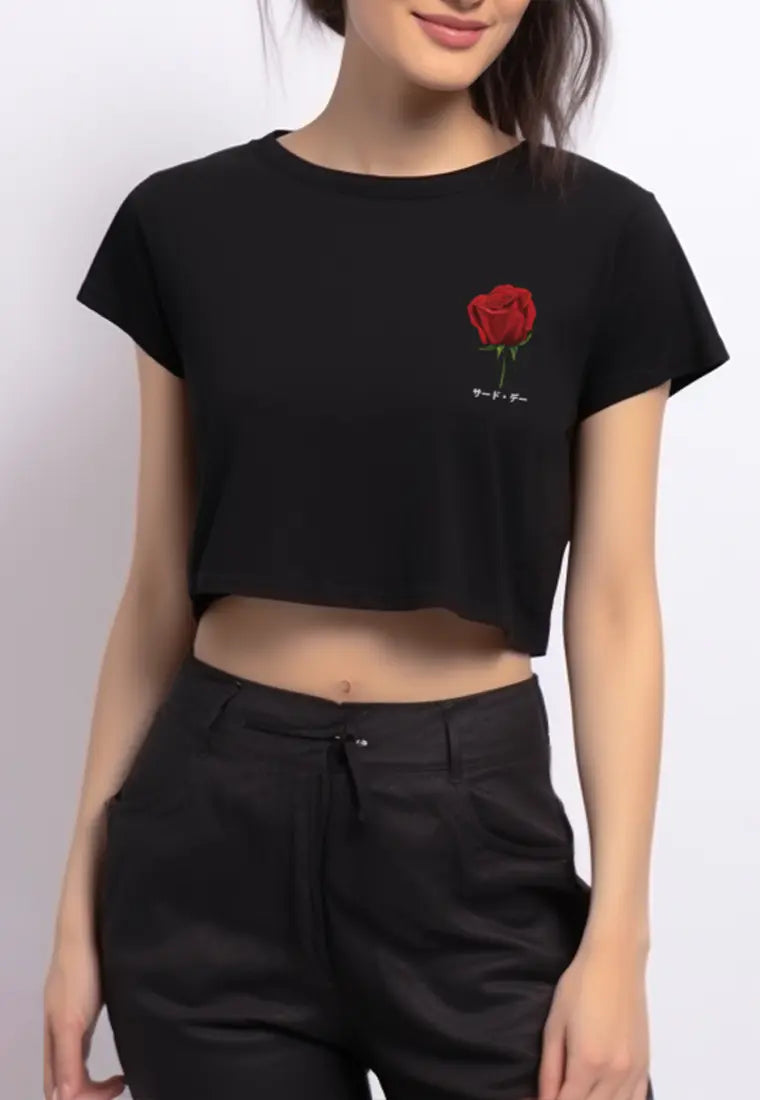 LTG40 Kaos gambar bunga mawar wanita rcp "rose" hitam