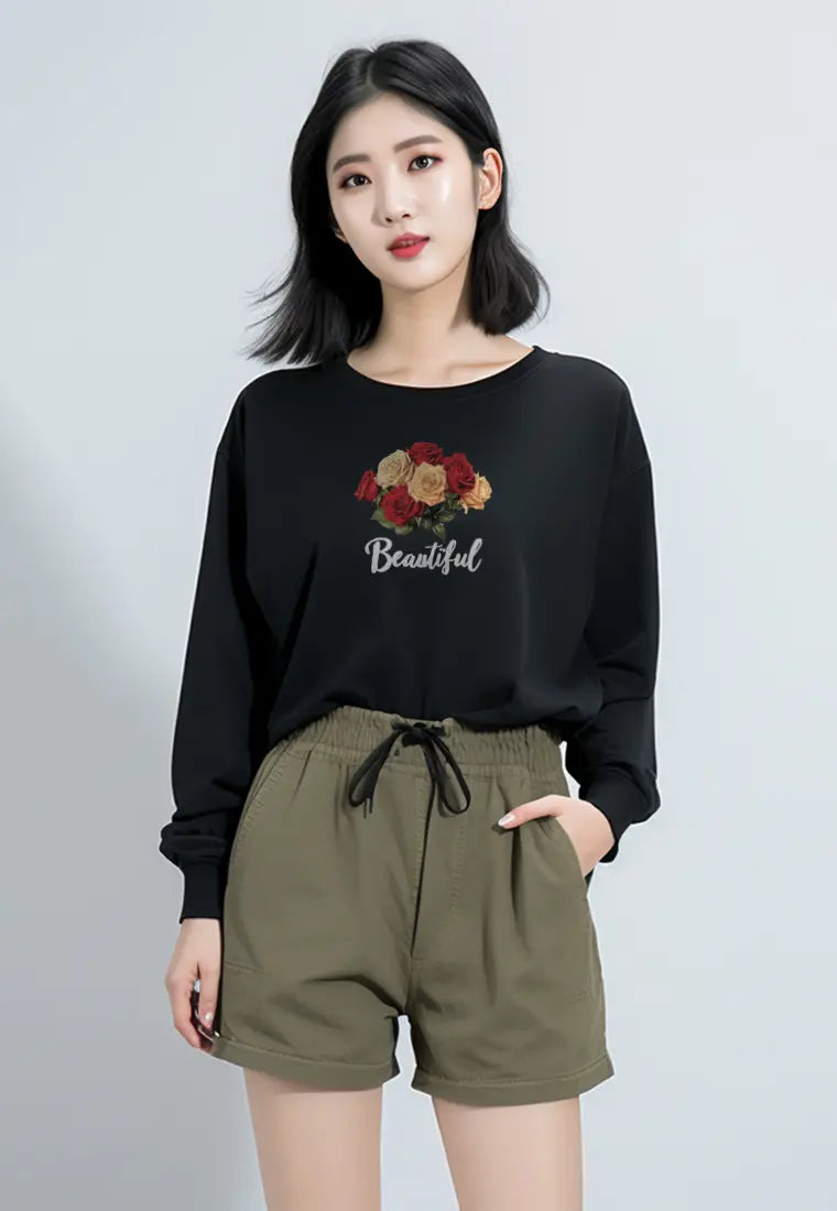 LTG42 Kaos gambar bunga tangan panjang wanita LV "beautiful flower" hitam