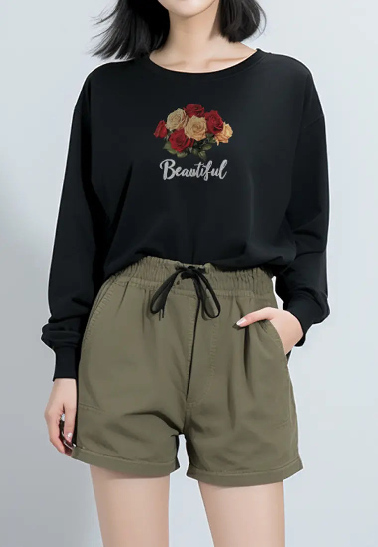 LTG42 Kaos gambar bunga tangan panjang wanita LV "beautiful flower" hitam