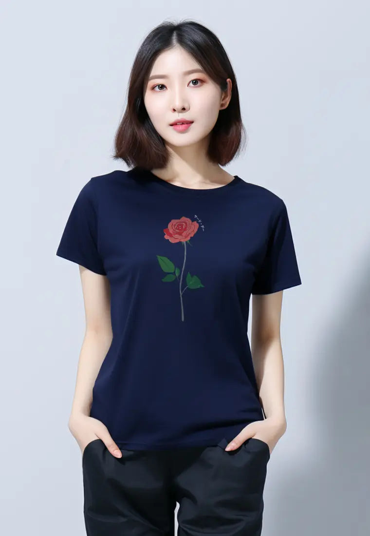 LTG45 Kaos Wanita Gambar Bunga Rose instacool ss navy