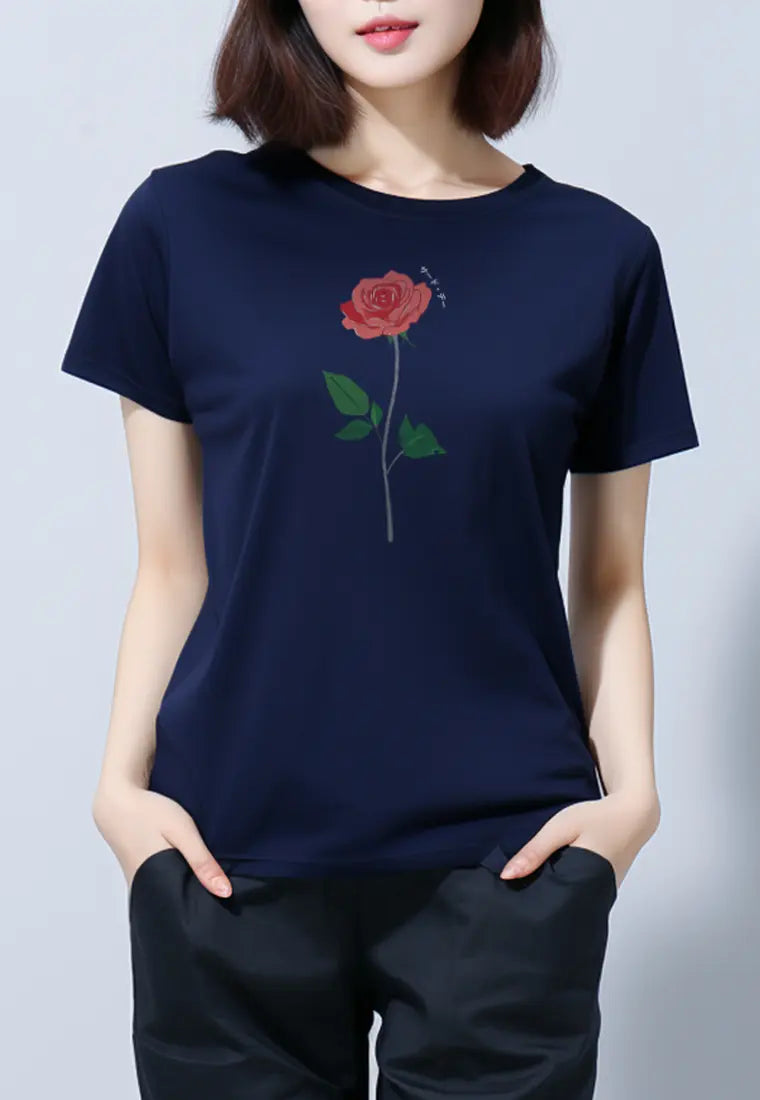 LTG45 Kaos Wanita Gambar Bunga Rose instacool ss navy