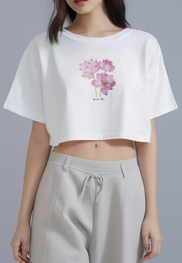 LTG46 Kaos Wanita Gambar Bunga Lotus OLC Crop Oversize Putih