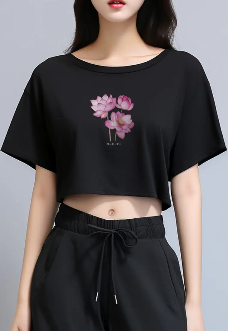 LTG47 Kaos Wanita Gambar Bunga Lotus OLC Crop Oversize Hitam