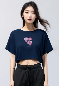 LTG48 Kaos Wanita Gambar Bunga Lotus OLC Crop Oversize Navy