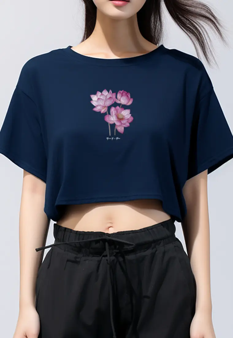 LTG48 Kaos Wanita Gambar Bunga Lotus OLC Crop Oversize Navy